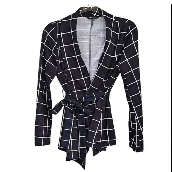 [Shein] Black and White Window Pane Plaid Pattern Wrap Blazer Size Medium - Picture 3 of 5